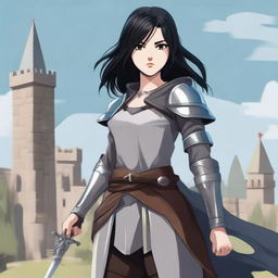 A medieval warrior girl with black hair and grey eyes stands ready for battle