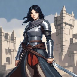 A medieval warrior girl with black hair and grey eyes stands ready for battle