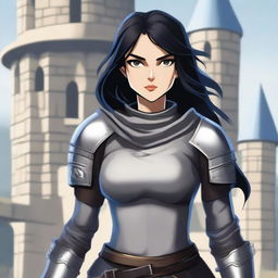 A medieval warrior girl with black hair and grey eyes stands ready for battle