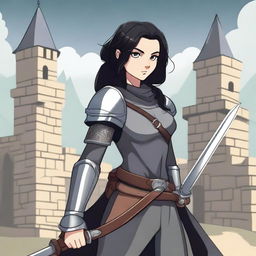 A medieval warrior girl with black hair and grey eyes stands ready for battle