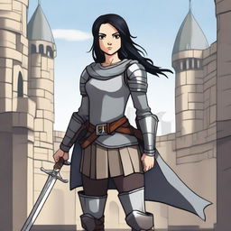 A medieval warrior girl with black hair and grey eyes stands ready for battle