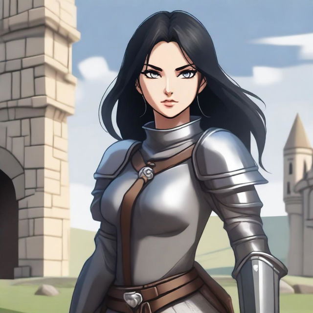 A medieval warrior girl with black hair and grey eyes stands ready for battle