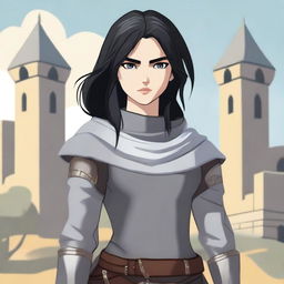 A medieval warrior girl with black hair and grey eyes stands ready for battle