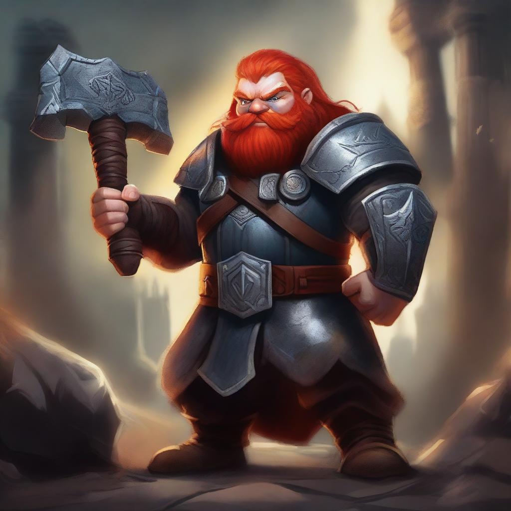 A handsome dwarf with red hair and red eyes, wielding a war hammer and wearing magical armor