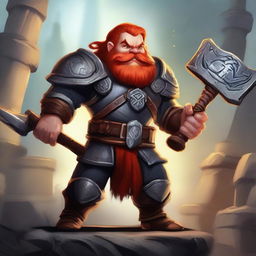 A handsome dwarf with red hair and red eyes, wielding a war hammer and wearing magical armor