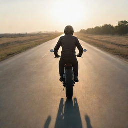 A rear view of a man riding a Caferacer motorcycle on an empty road, with the sunrise casting long shadows ahead.