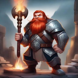 A handsome dwarf with red hair and red eyes, wielding a war hammer and wearing magical armor