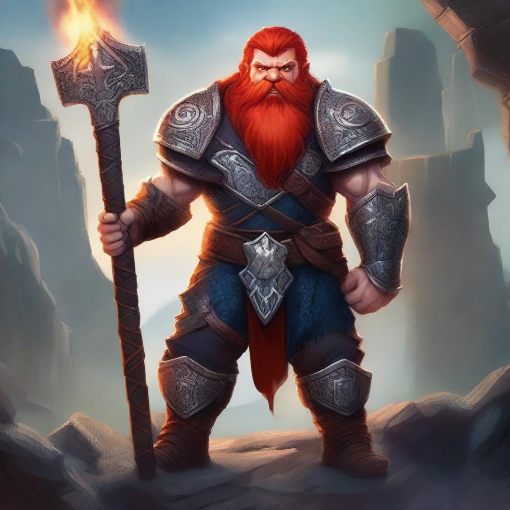 A handsome dwarf with red hair and red eyes, wielding a war hammer and wearing magical armor