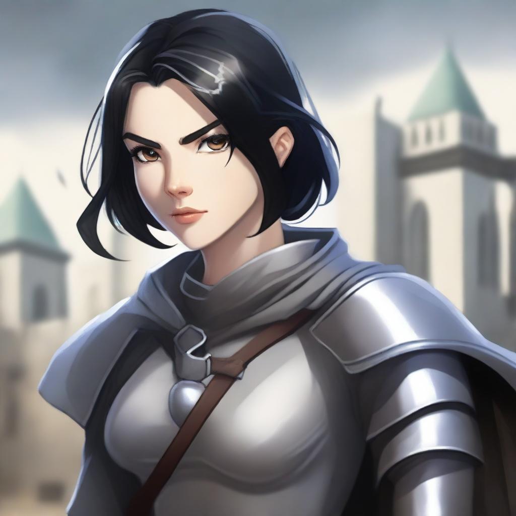 A medieval warrior girl with straight, short black hair and grey eyes stands ready for battle