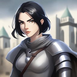 A medieval warrior girl with straight, short black hair and grey eyes stands ready for battle