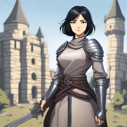 A medieval warrior girl with straight, short black hair and grey eyes stands ready for battle