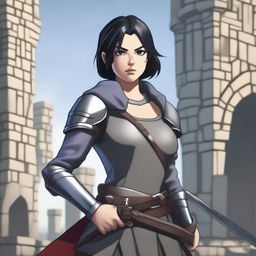 A medieval warrior girl with straight, short black hair and grey eyes stands ready for battle