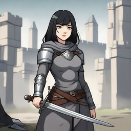 A medieval warrior girl with straight, short black hair and grey eyes stands ready for battle