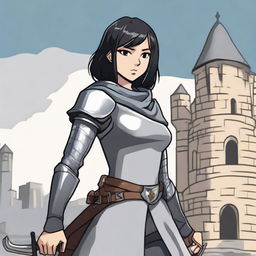 A medieval warrior girl with straight, short black hair and grey eyes stands ready for battle