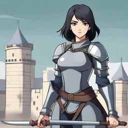 A medieval warrior girl with straight, short black hair and grey eyes stands ready for battle