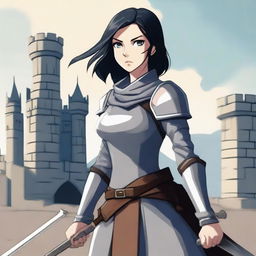 A medieval warrior girl with straight, short black hair and grey eyes stands ready for battle