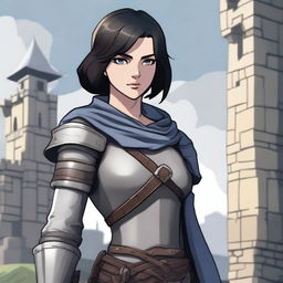 A medieval warrior girl with straight, short black hair and grey eyes stands ready for battle