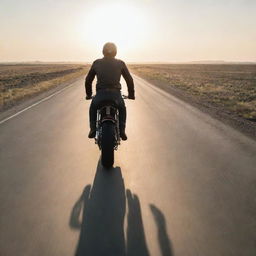 A rear view of a man riding a Caferacer motorcycle on an empty road, with the sunrise casting long shadows ahead.