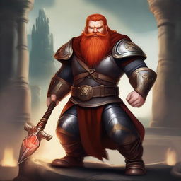 A handsome dwarf with red hair, red eyes, and a short red beard, wielding a war hammer and wearing golden armor