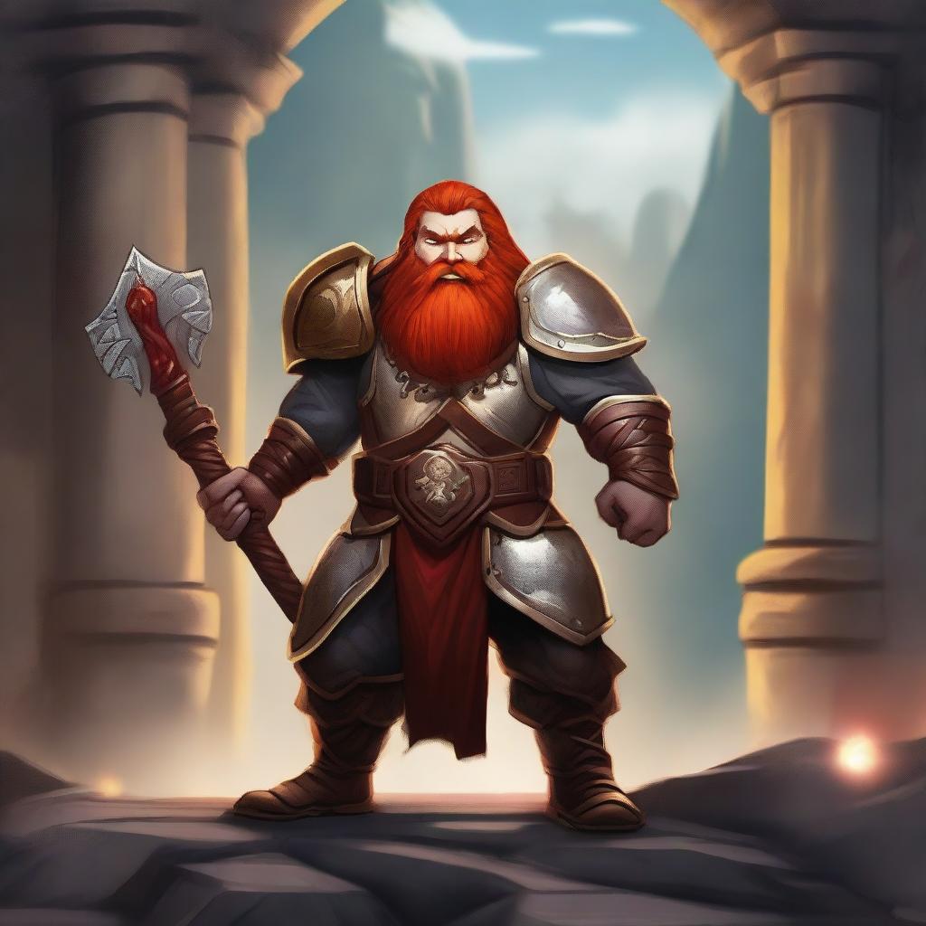 A handsome dwarf with red hair, red eyes, and a short red beard, wielding a war hammer and wearing golden armor