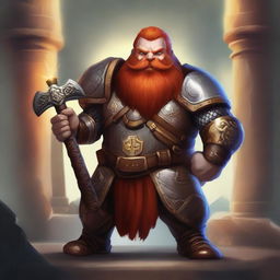 A handsome dwarf with red hair, red eyes, and a short red beard, wielding a war hammer and wearing golden armor