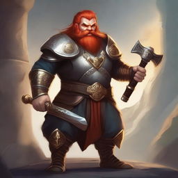 A handsome dwarf with red hair, red eyes, and a short red beard, wielding a war hammer and wearing golden armor