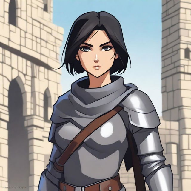 A medieval warrior girl with straight, short black hair and grey eyes stands ready for battle