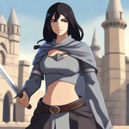 A medieval warrior girl with straight, short black hair and grey eyes stands ready for battle