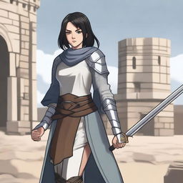 A medieval warrior girl with straight, short black hair and grey eyes stands ready for battle