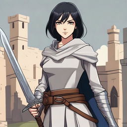 A medieval warrior girl with straight, short black hair and grey eyes stands ready for battle