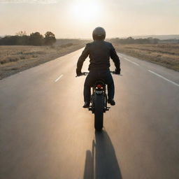 A rear view of a man riding a Caferacer motorcycle on an empty road, with the sunrise casting long shadows ahead.