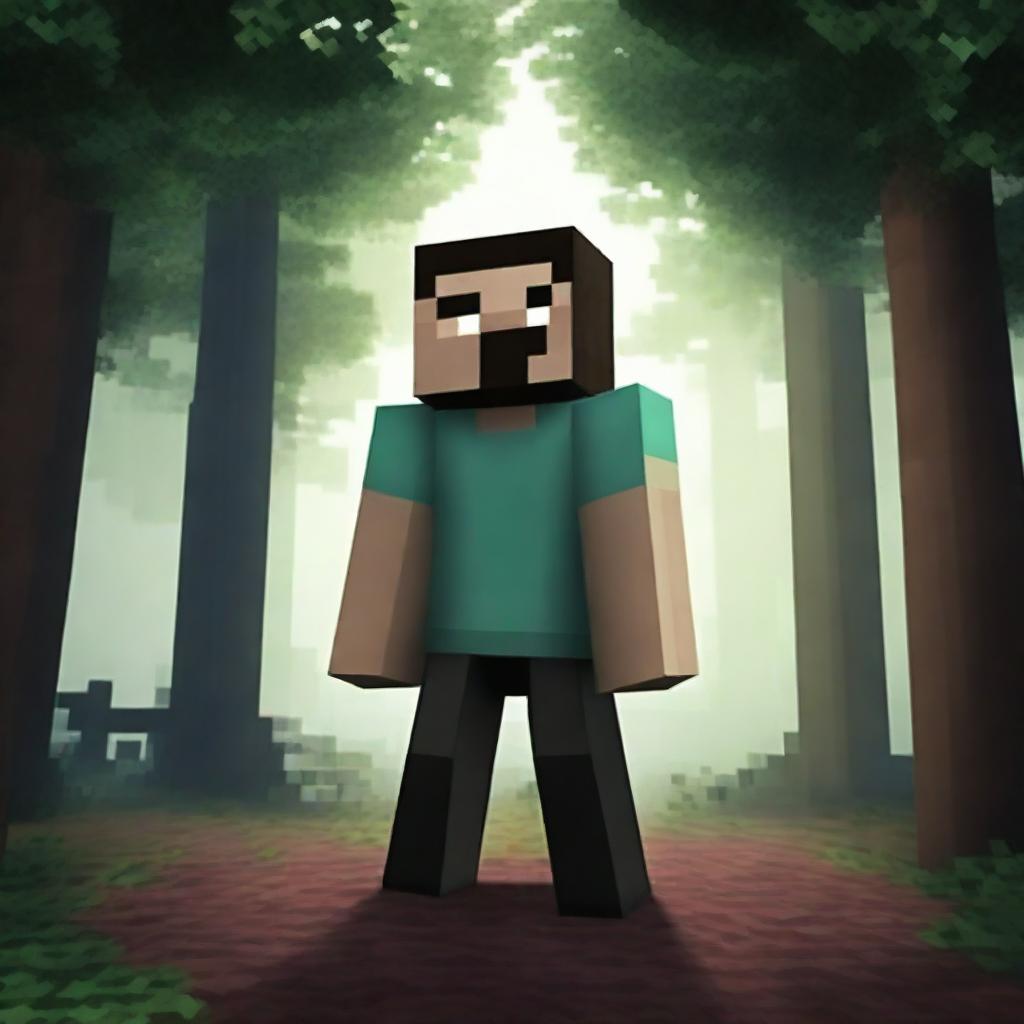 Create an image featuring Herobrine from Minecraft in a dark, eerie forest setting