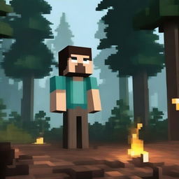 Create an image featuring Herobrine from Minecraft in a dark, eerie forest setting