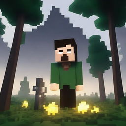 Create an image featuring Herobrine from Minecraft in a dark, eerie forest setting