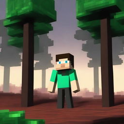 Create an image featuring Herobrine from Minecraft in a dark, eerie forest setting