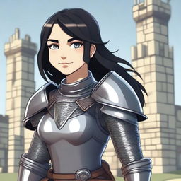 A medieval warrior girl with straight, short black hair and grey eyes stands smiling