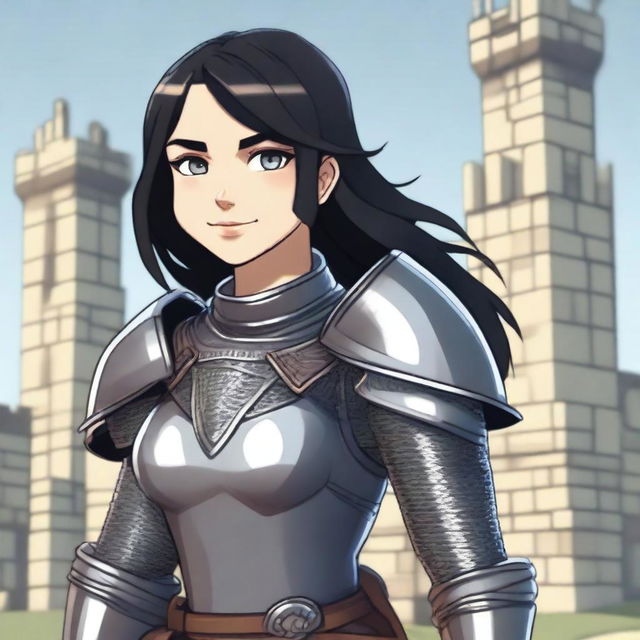 A medieval warrior girl with straight, short black hair and grey eyes stands smiling