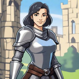 A medieval warrior girl with straight, short black hair and grey eyes stands smiling