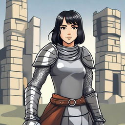 A medieval warrior girl with straight, short black hair and grey eyes stands smiling