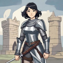 A medieval warrior girl with straight, short black hair and grey eyes stands smiling