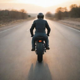 A rear view of a man in a dynamic sporty posture riding a Caferacer motorcycle on an empty road at sunrise.