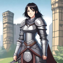 A medieval warrior girl with straight, short black hair and grey eyes stands ready for battle, smiling confidently