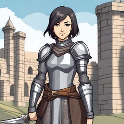 A medieval warrior girl with straight, short black hair and grey eyes stands ready for battle, smiling confidently