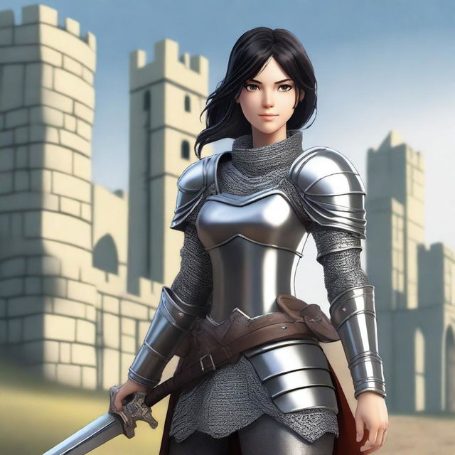 A medieval warrior girl with straight, short black hair and grey eyes stands ready for battle, smiling confidently