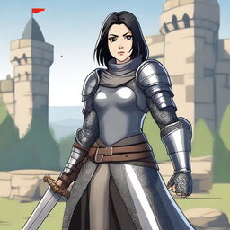 A medieval warrior girl with straight, short black hair and grey eyes stands ready for battle, smiling confidently