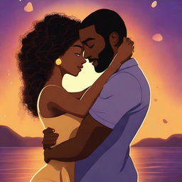 A romantic scene featuring a black woman and a black man in a tangled embrace, showcasing their love for each other