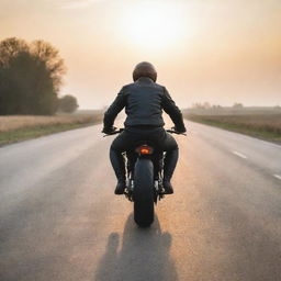 A rear view of a man in a dynamic sporty posture riding a Caferacer motorcycle on an empty road at sunrise.