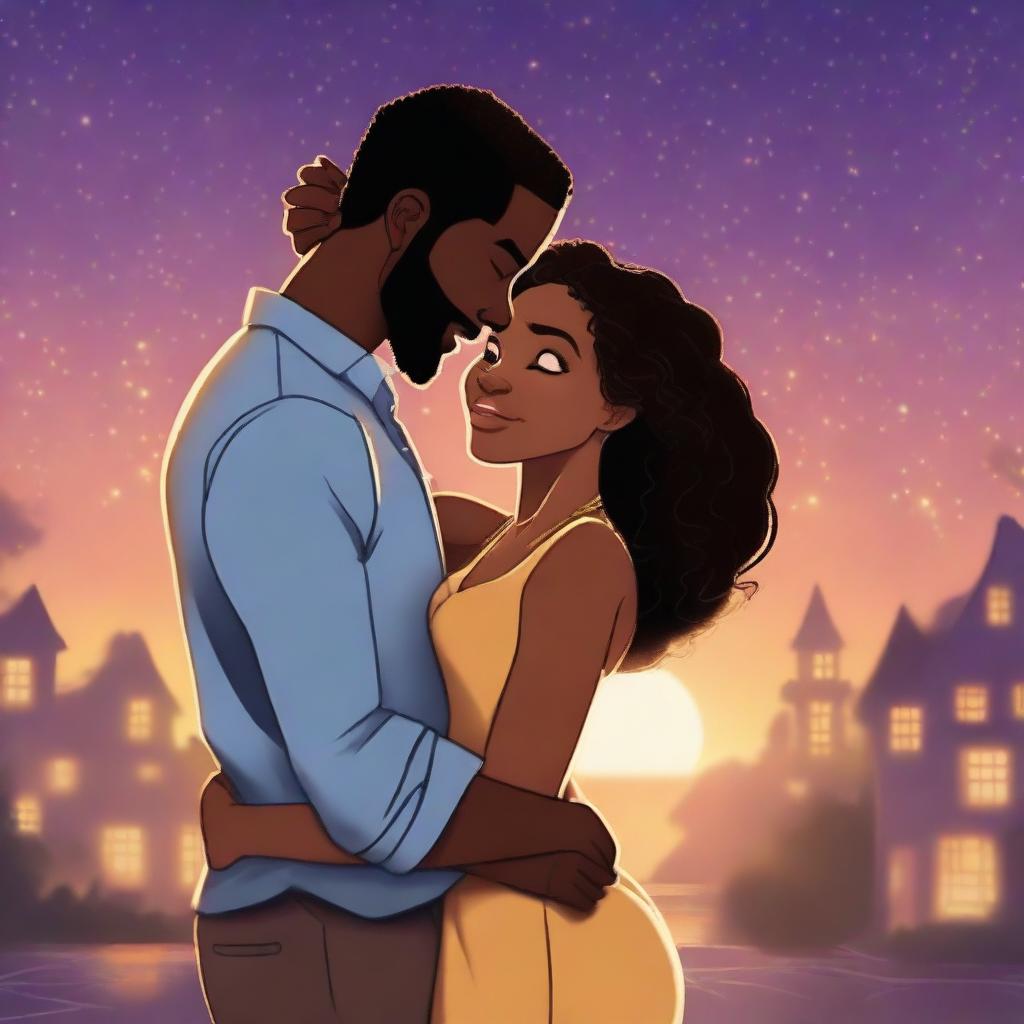 A romantic scene featuring a black woman and a black man in a tangled embrace, showcasing their love for each other