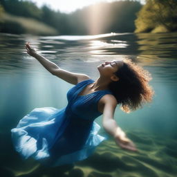 A mixed race woman wearing a blue dress is asleep underwater in a river, reaching up with one hand