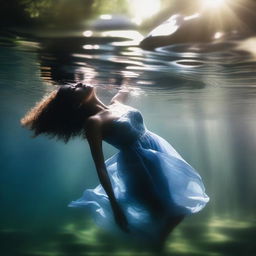 A mixed race woman wearing a blue dress is asleep underwater in a river, reaching up with one hand